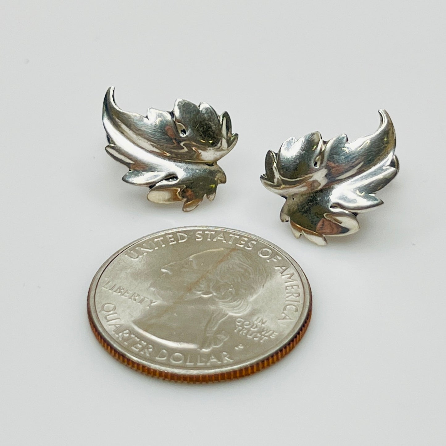 Sterling silver oak leaf screw-back earrings, front view
