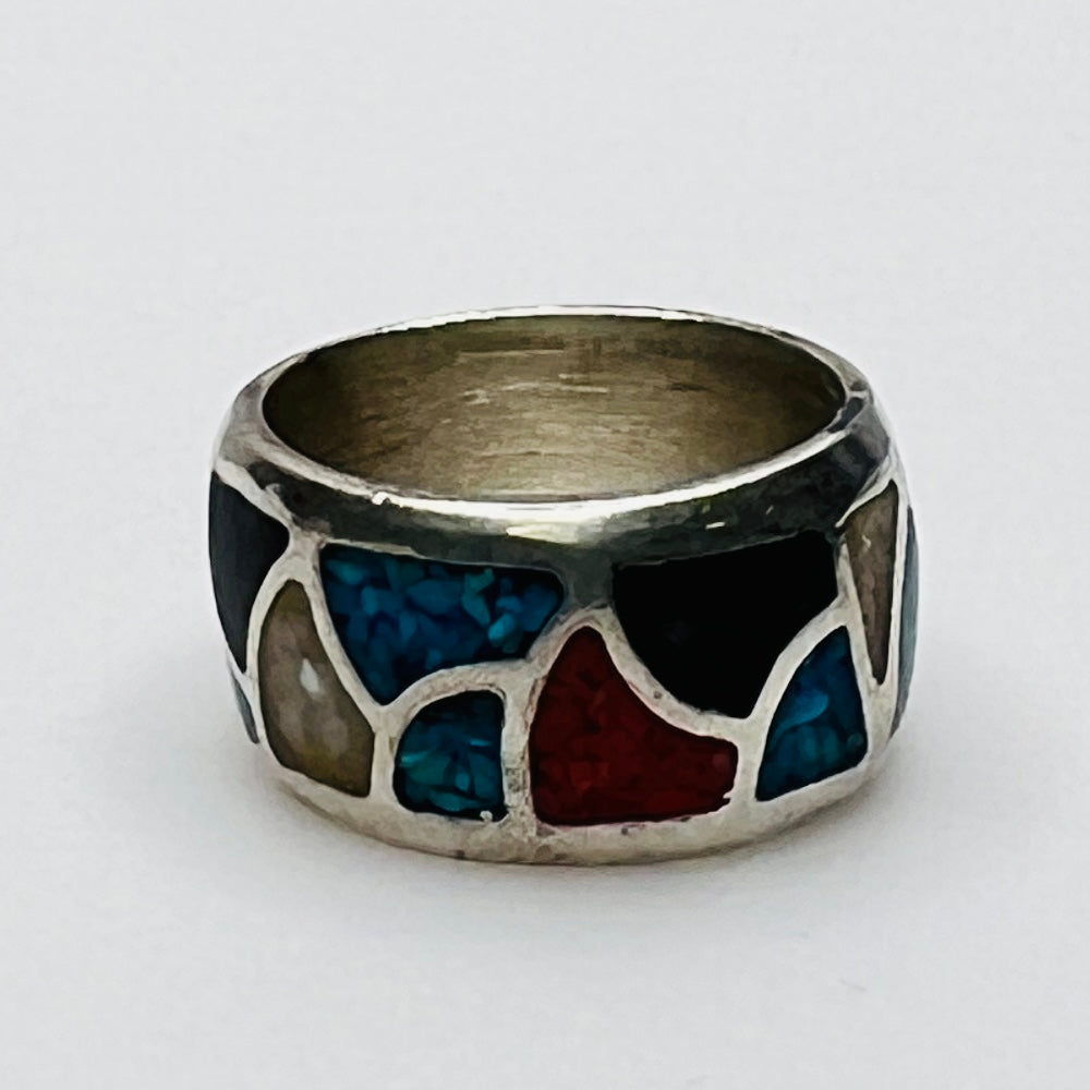 1970s wide silver band ring with geometric stone inlay design