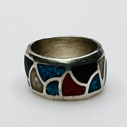 1970s wide silver band ring with geometric stone inlay design