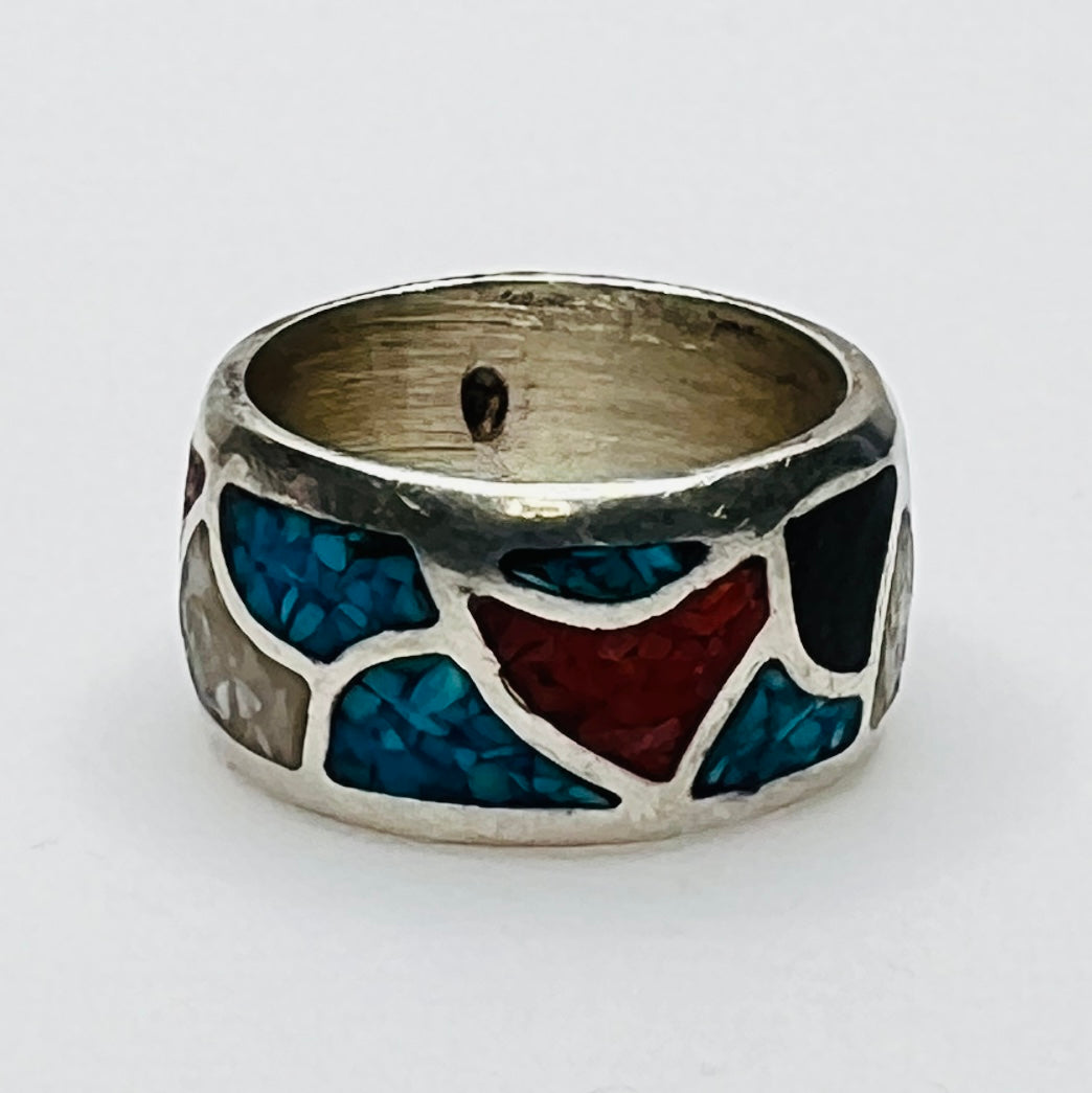 1970s wide silver band ring with geometric stone inlay design