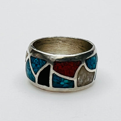 1970s wide silver band ring with geometric stone inlay design