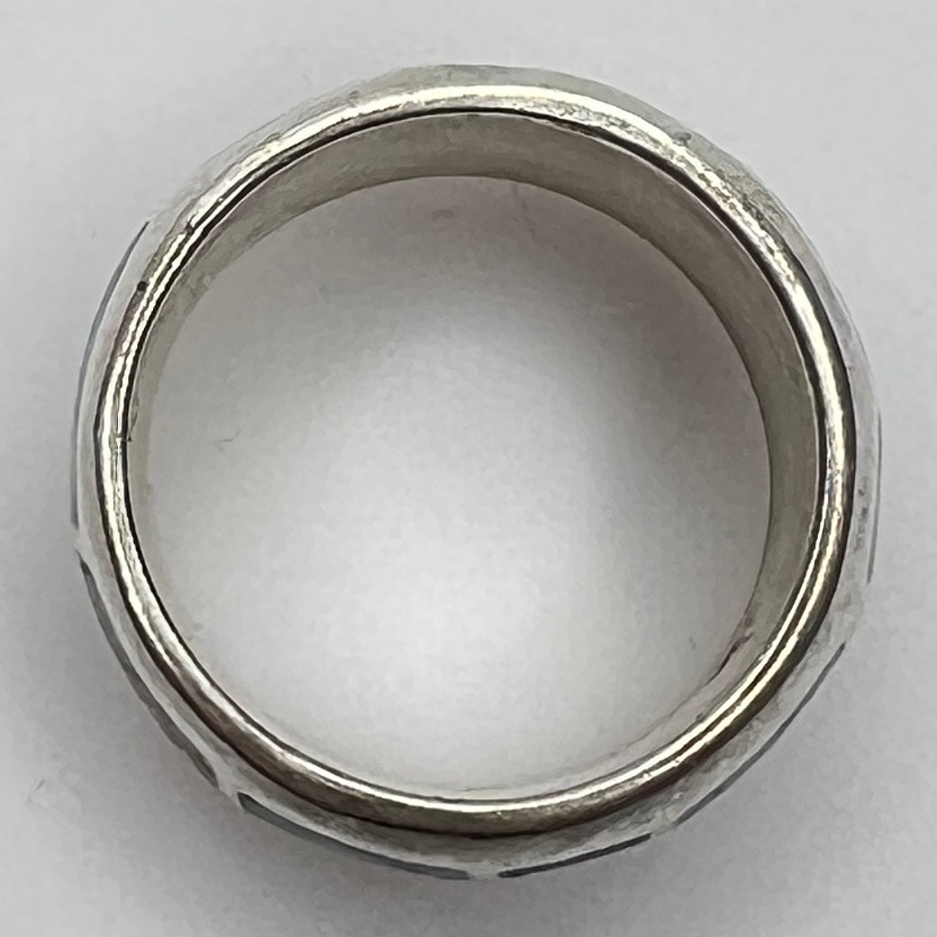 1970s wide silver band ring with geometric stone inlay design