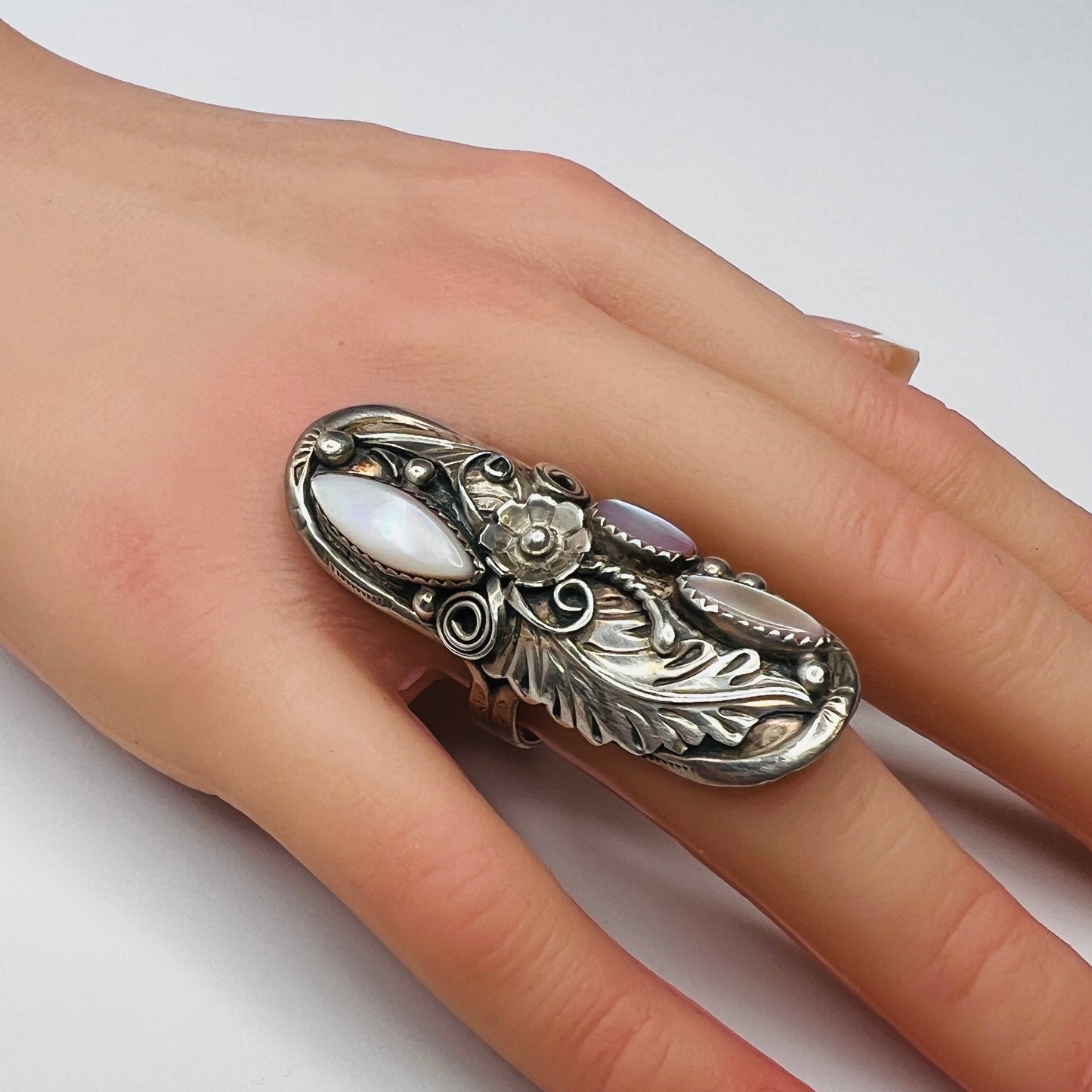 Vintage sterling silver ring with mother of pearl and Native American silverwork