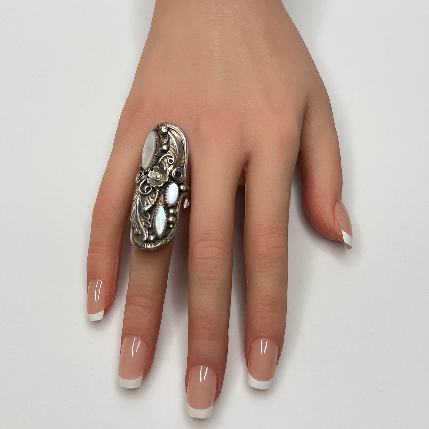 Vintage sterling silver ring with mother of pearl and Native American silverwork