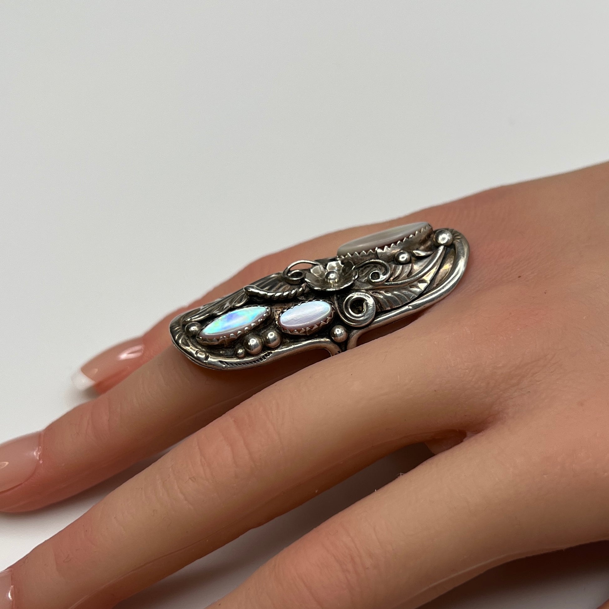 Vintage sterling silver ring with mother of pearl and Native American silverwork