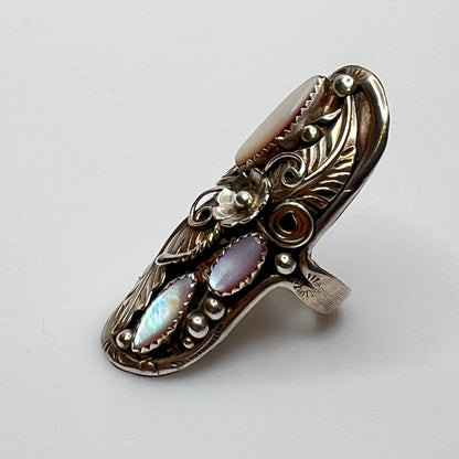 Long oval boho ring with bezel-set mother of pearl in sterling silver