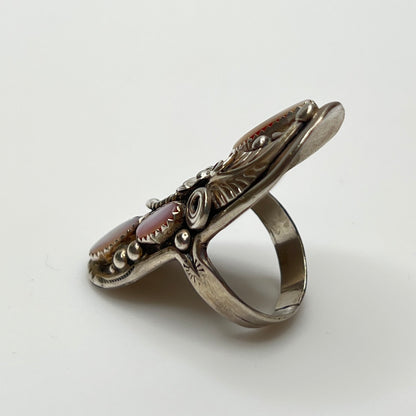 Southwestern vintage ring with floral and feather silver design, size 9
