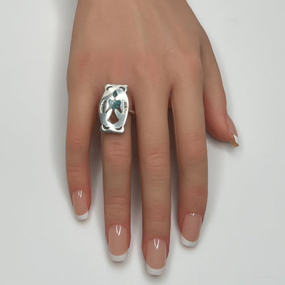 Vintage sterling silver ring with turquoise and coral inlay eagle motif