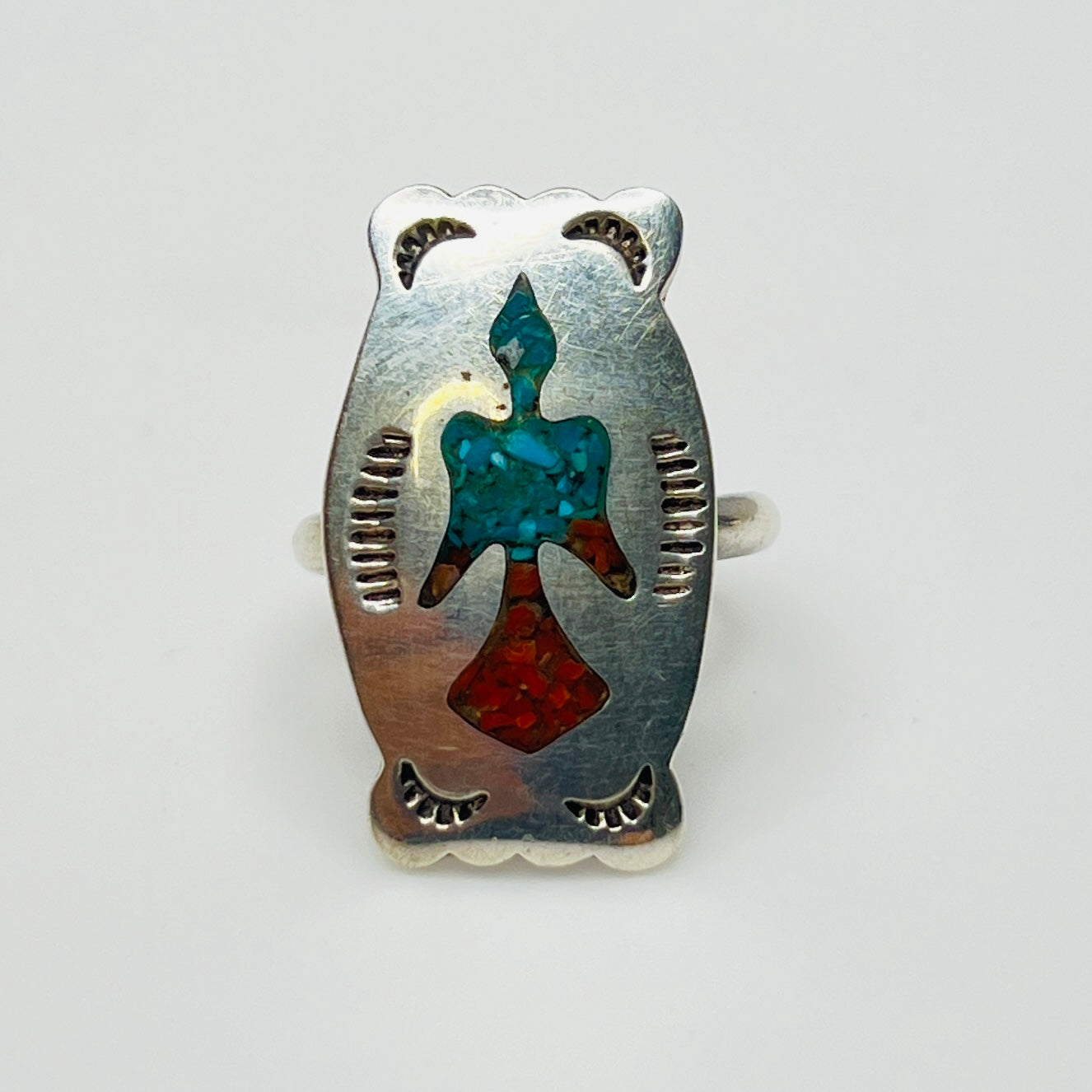 Vintage sterling silver ring with turquoise and coral inlay eagle motif