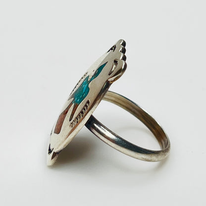 Vintage sterling silver ring with turquoise and coral inlay eagle motif
