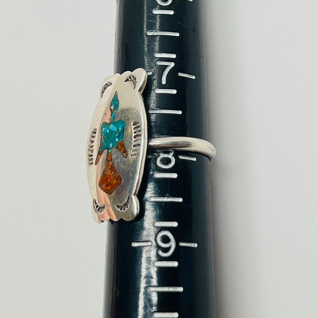 Vintage sterling silver ring with turquoise and coral inlay eagle motif