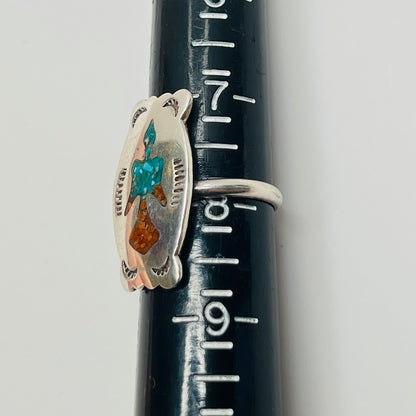 Vintage sterling silver ring with turquoise and coral inlay eagle motif