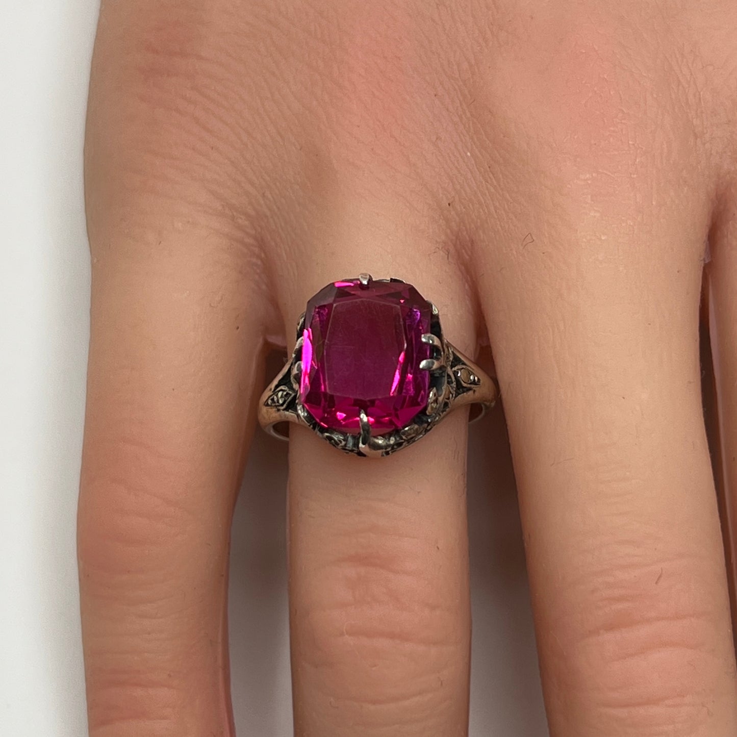 Vintage sterling silver ring with deep pink crystal and marcasite accents