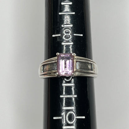 Close-up of vintage Art Deco style silver ring with pale purple spinel