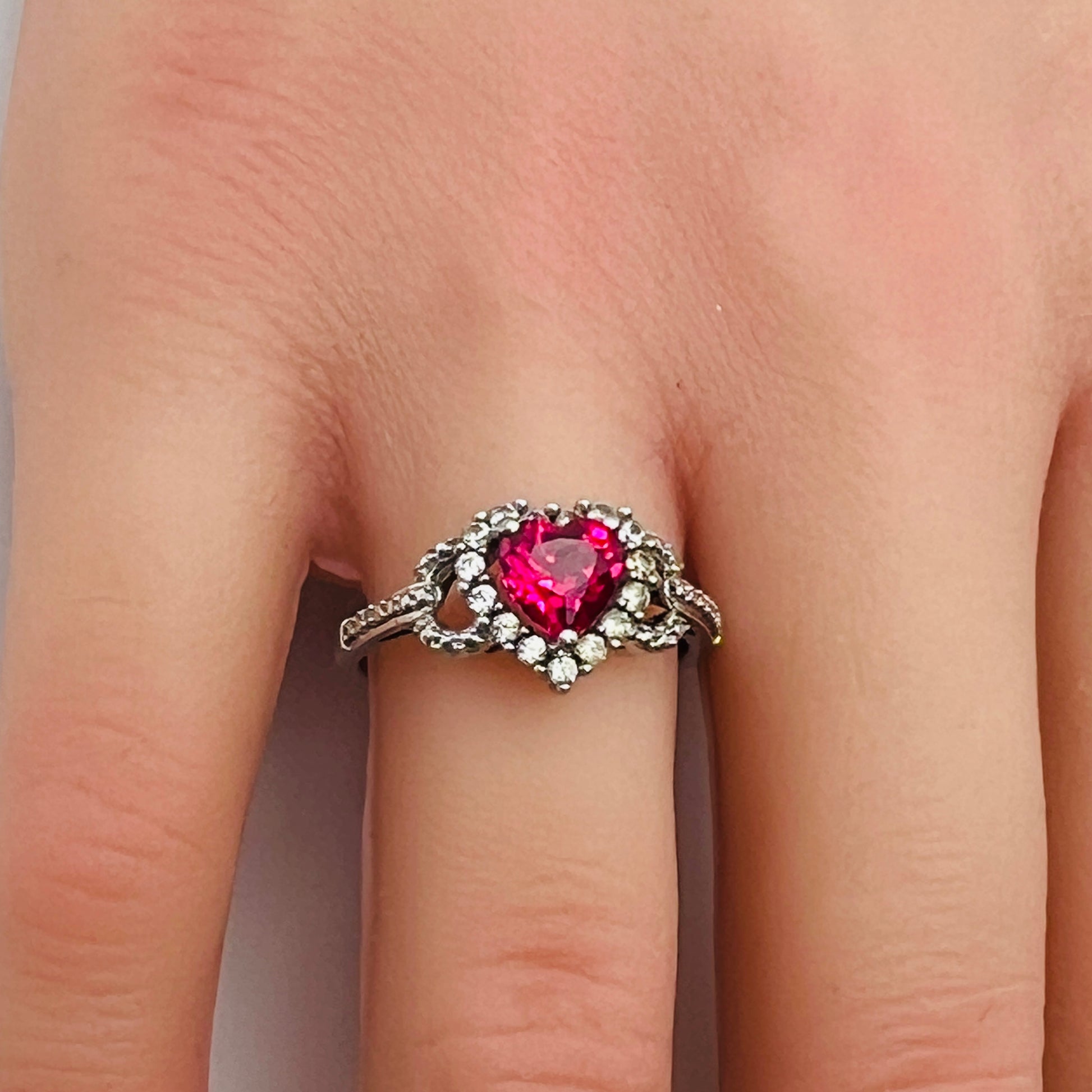 Vintage ruby red heart solitaire ring stamped 925