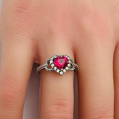 Vintage ruby red heart solitaire ring stamped 925
