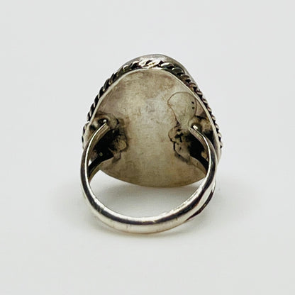 Back view of unsigned sterling silver ring with split band