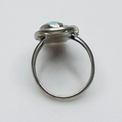 Side view of split shank silver ring with turquoise stones