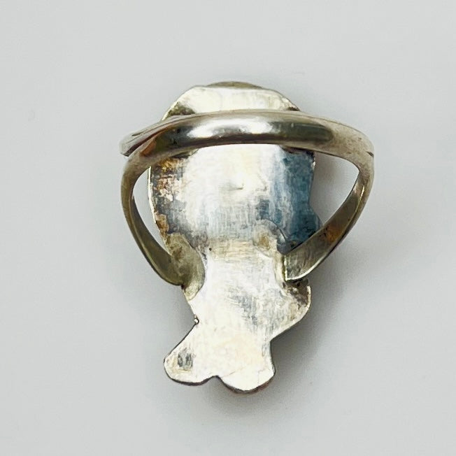 Back view of split shank silver ring with turquoise stones