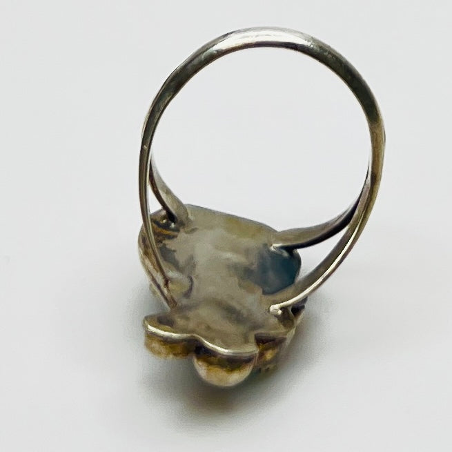 Back view of split shank silver ring with turquoise stones