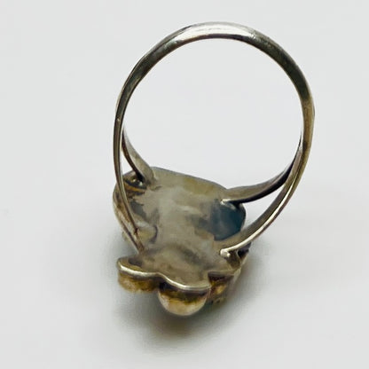 Back view of split shank silver ring with turquoise stones