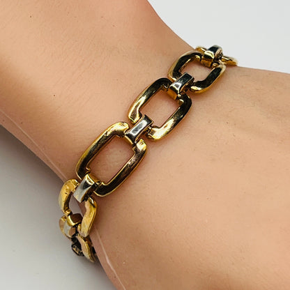 Two-tone sterling and vermeil rectangular link bracelet on wrist