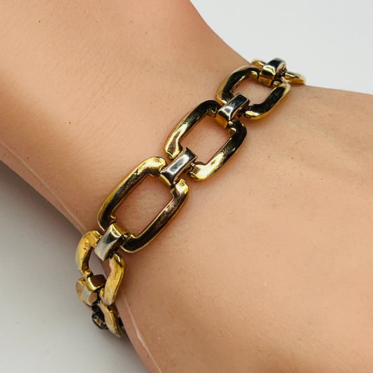 Two-tone sterling and vermeil rectangular link bracelet on wrist