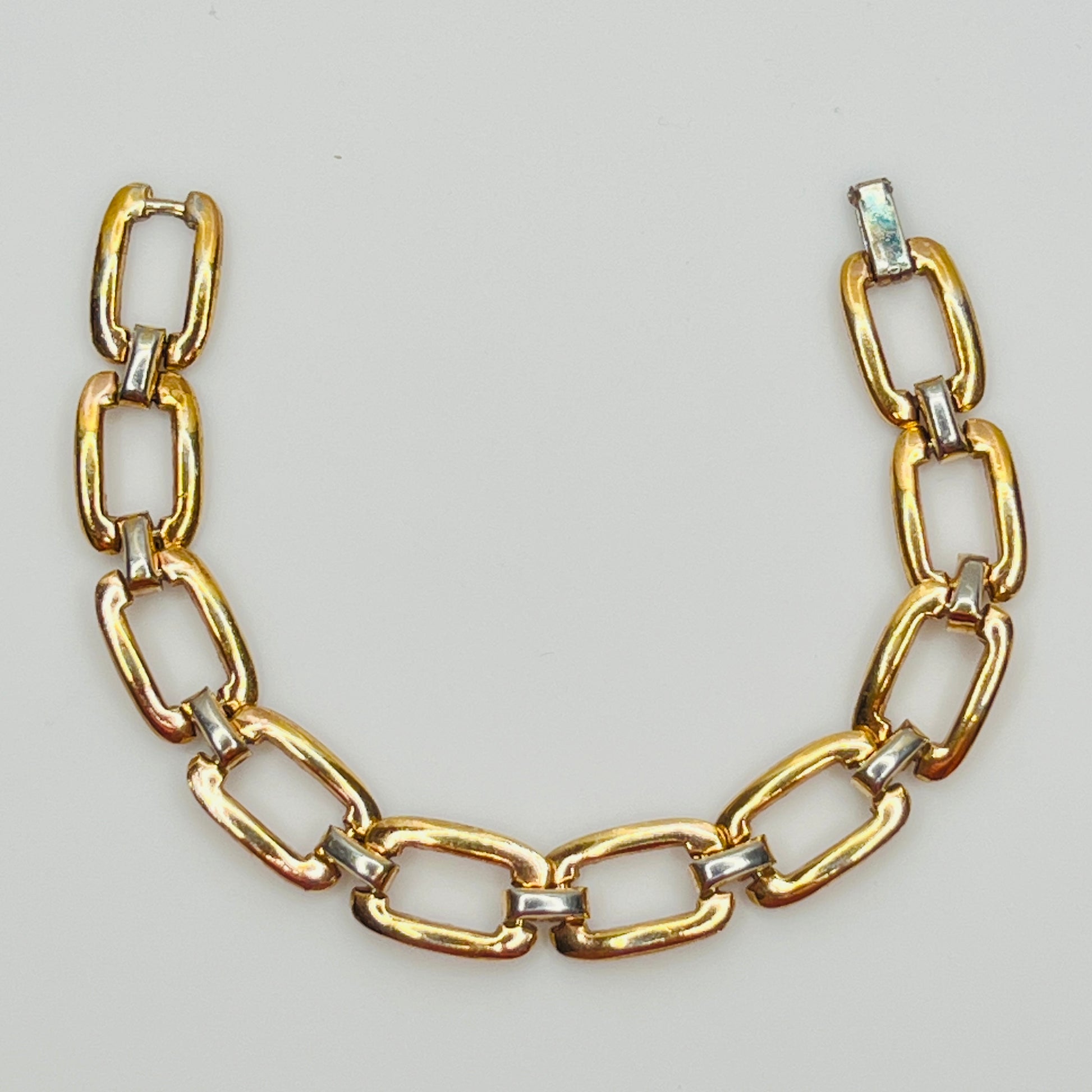 Full view of 1980s sterling vermeil bracelet with geometric links