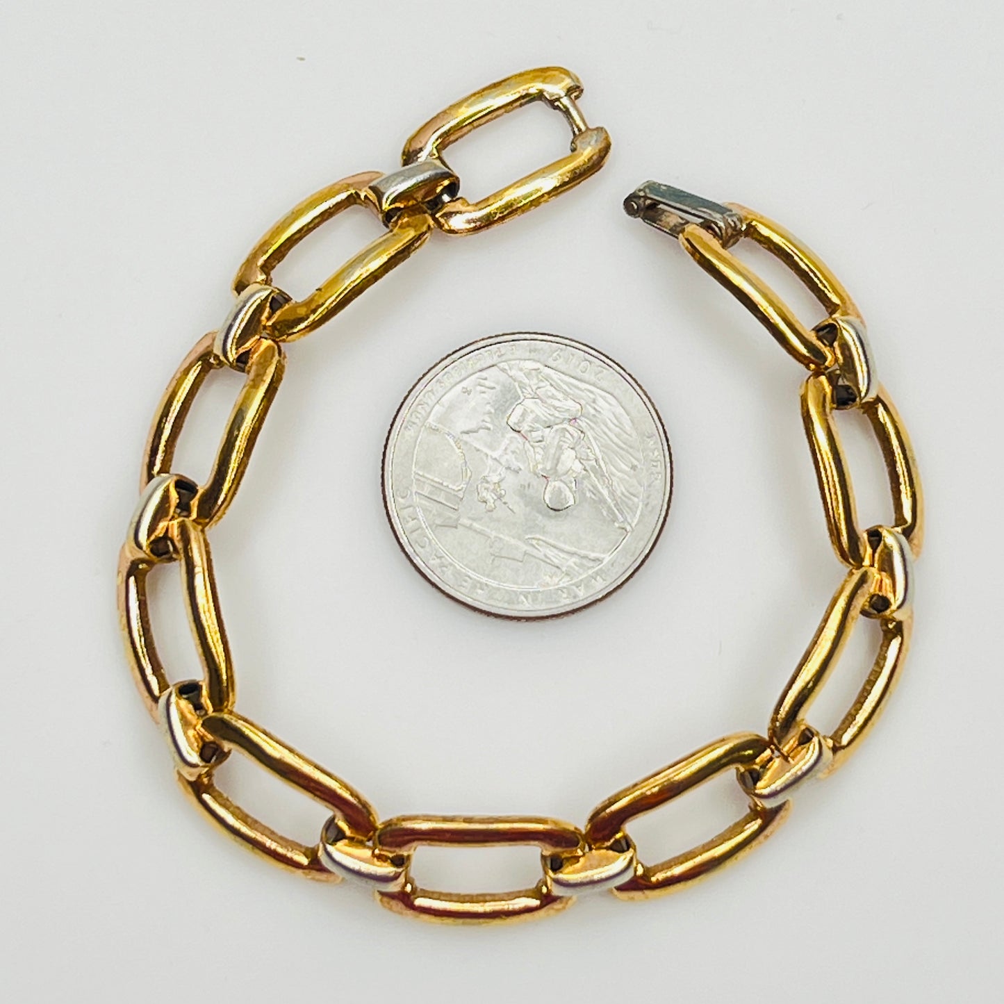 Full view of 1980s sterling vermeil bracelet with geometric links