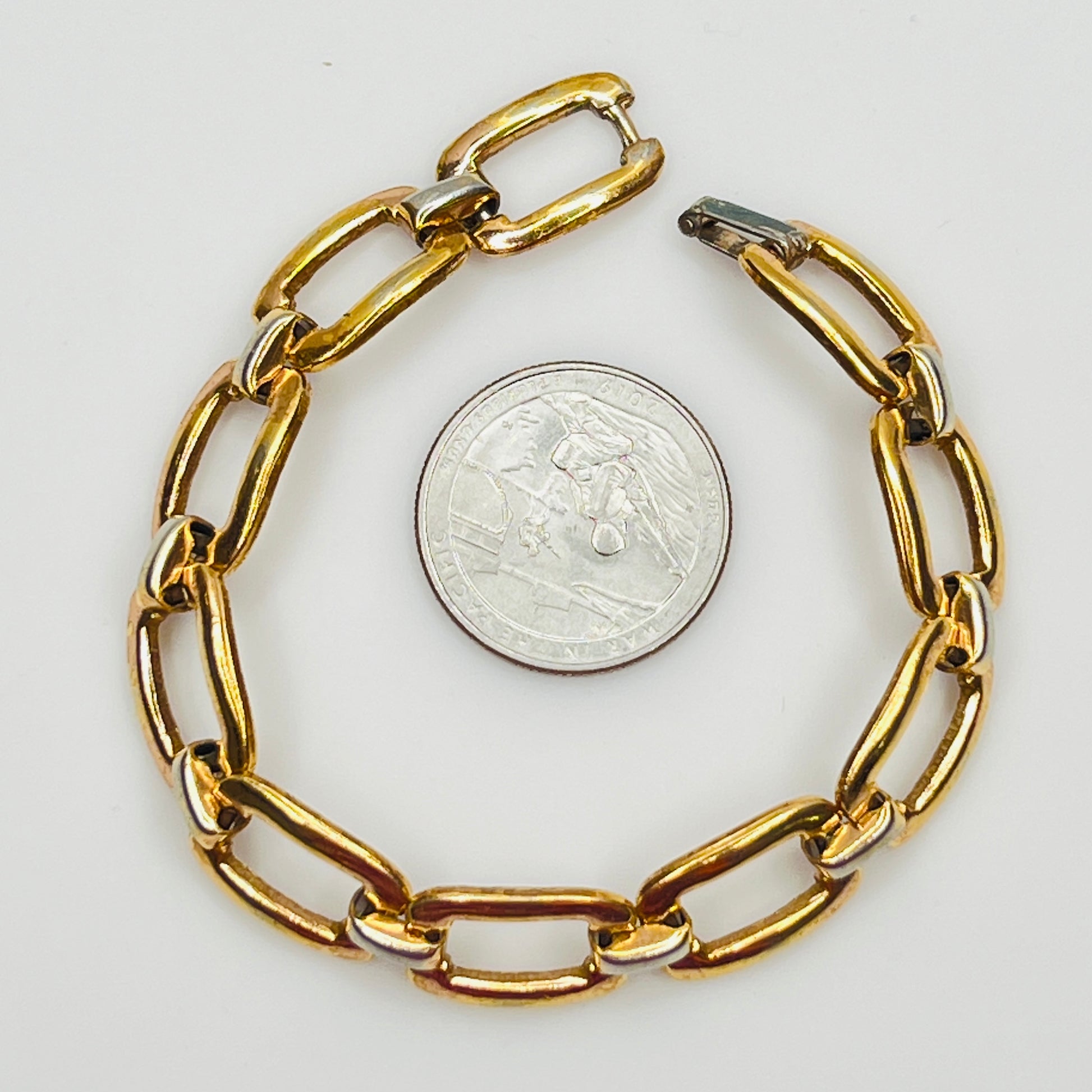 Full view of 1980s sterling vermeil bracelet with geometric links