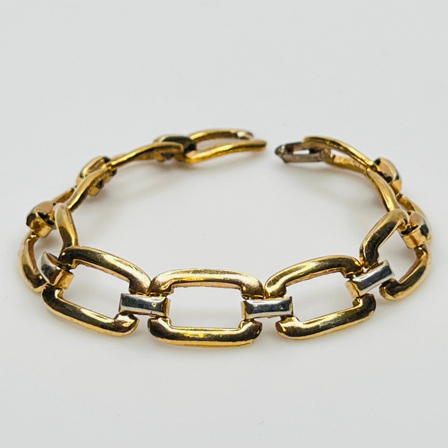Full view of 1980s sterling vermeil bracelet with geometric links