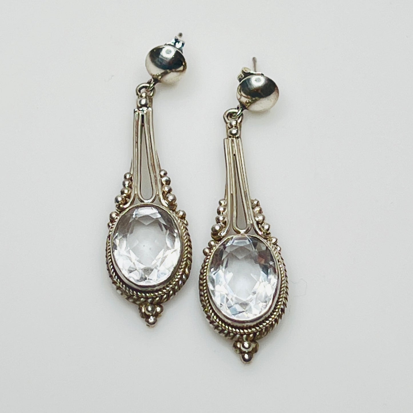 Sterling silver dangle earrings with white topaz ovals, vintage