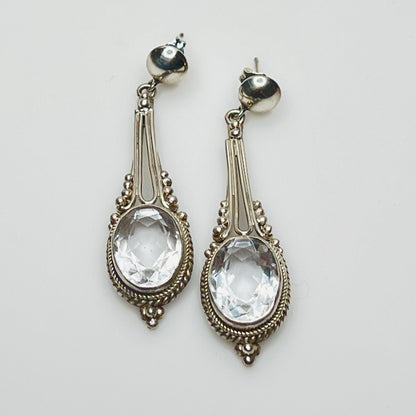 Sterling silver dangle earrings with white topaz ovals, vintage