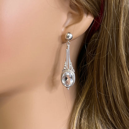 Sterling silver dangle earrings with white topaz ovals, vintage