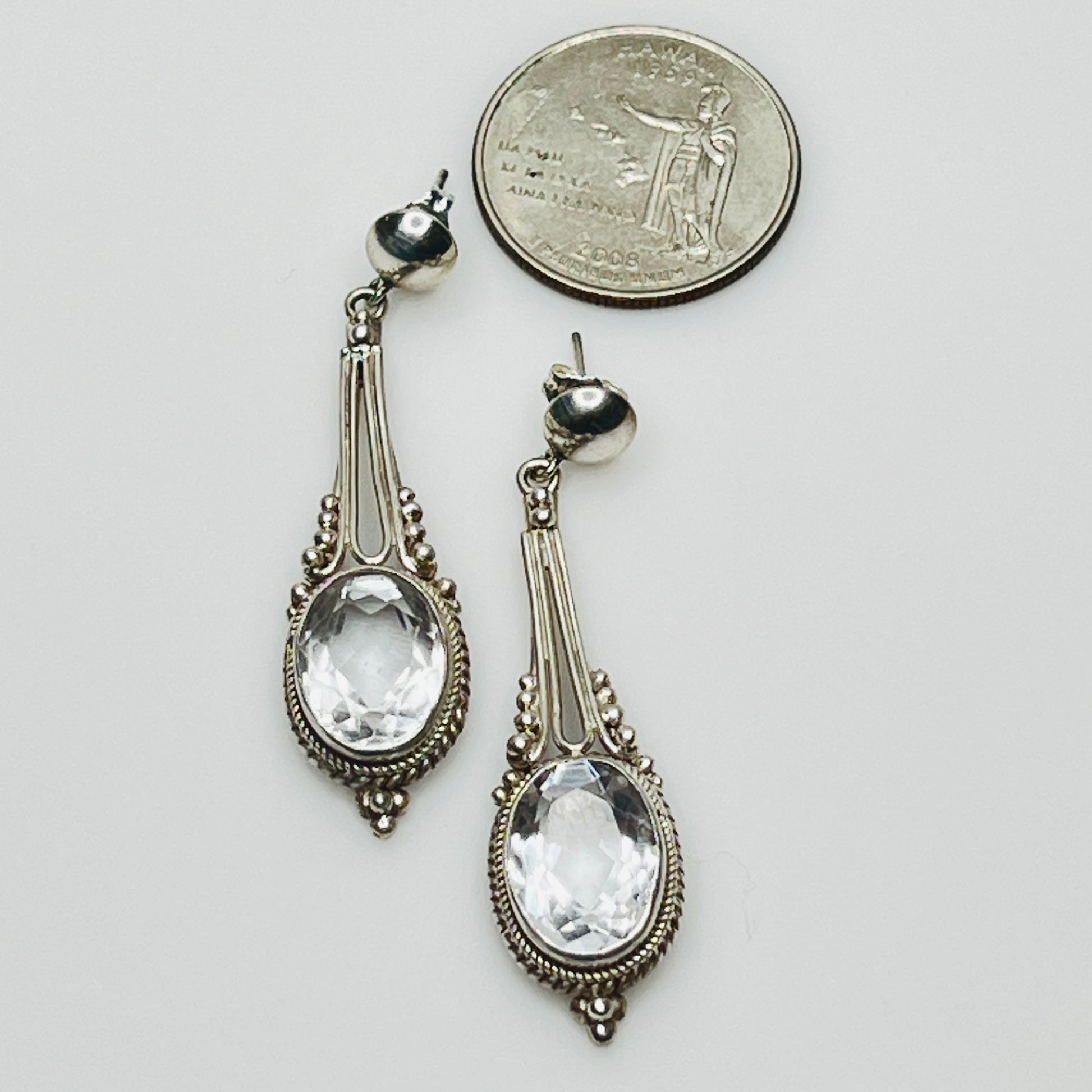 Sterling silver dangle earrings with white topaz ovals, vintage