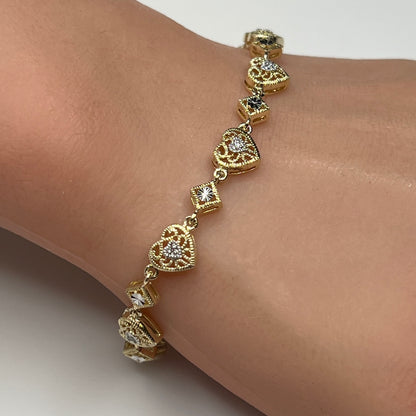 Vintage gold vermeil sterling silver bracelet and heart stud earrings with filigree detail