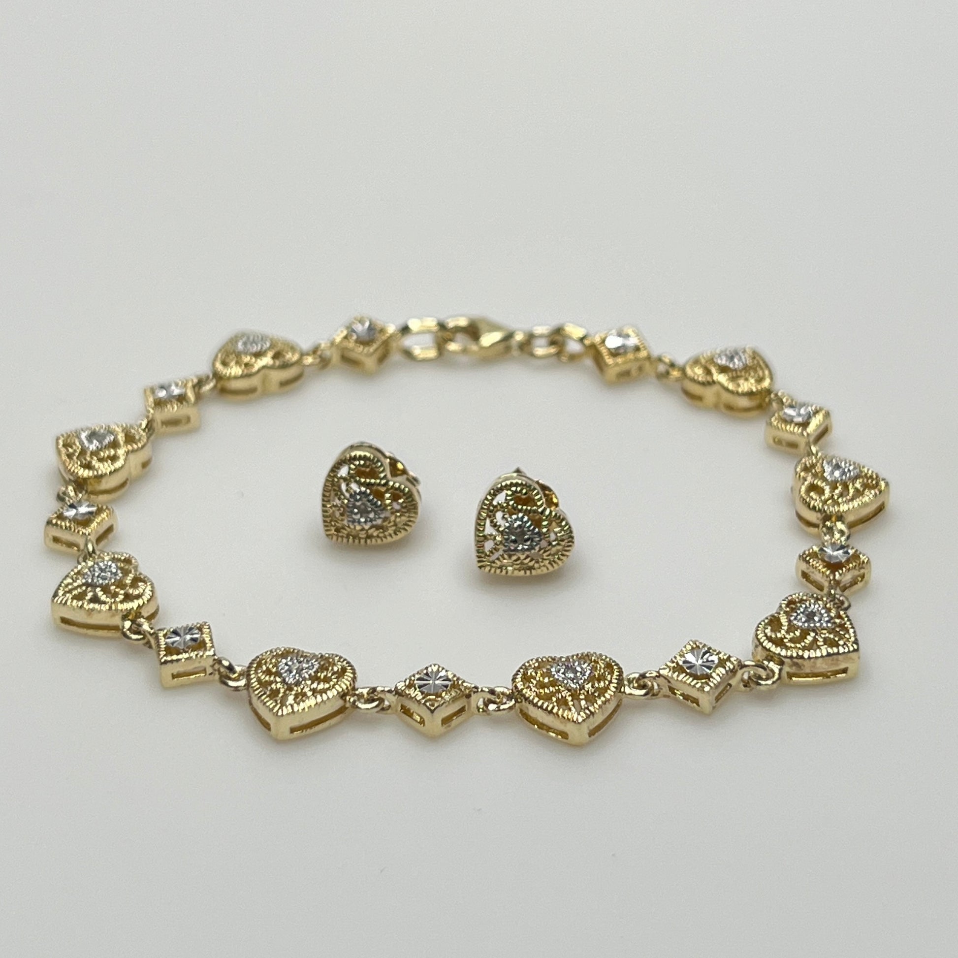 Vintage gold vermeil sterling silver bracelet and heart stud earrings with filigree detail
