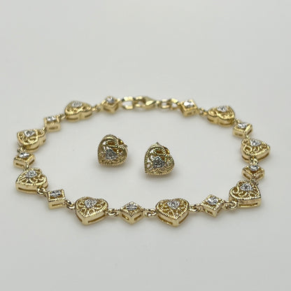 Vintage gold vermeil sterling silver bracelet and heart stud earrings with filigree detail