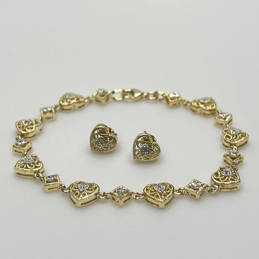 Vintage gold vermeil sterling silver bracelet and heart stud earrings with filigree detail