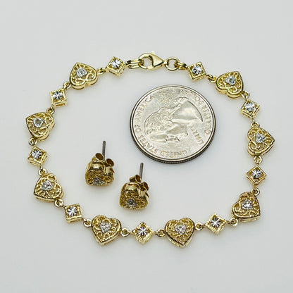 Vintage gold vermeil sterling silver bracelet and heart stud earrings with filigree detail