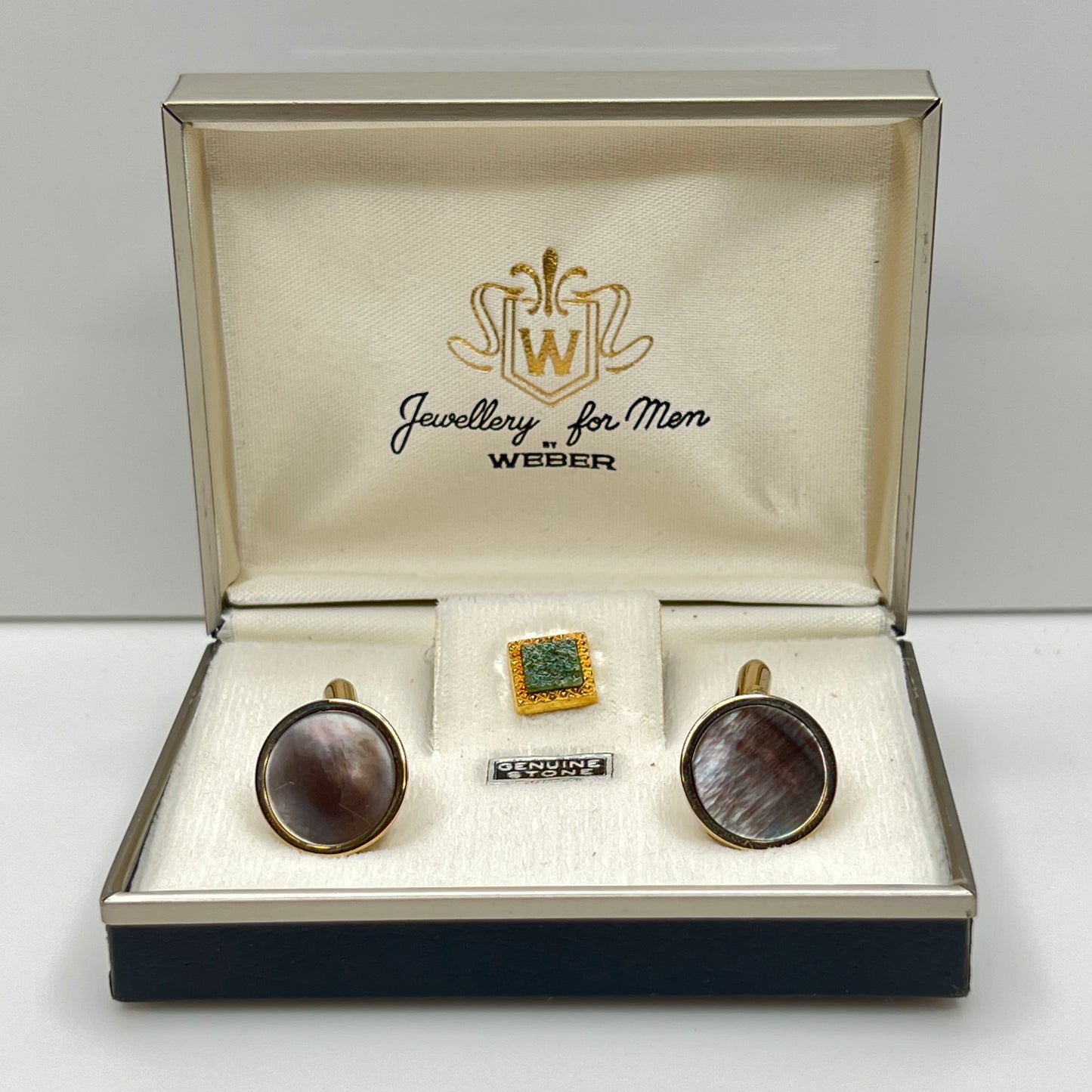 Men’s Abalone Cufflinks & Jade Tie Tack Set – Swank – 1960s Original Boxed Set