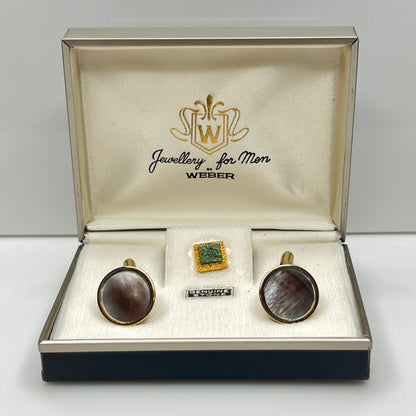 Men’s Abalone Cufflinks & Jade Tie Tack Set – Swank – 1960s Original Boxed Set