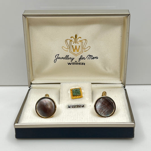 Men’s Abalone Cufflinks & Jade Tie Tack Set – Swank – 1960s Original Boxed Set