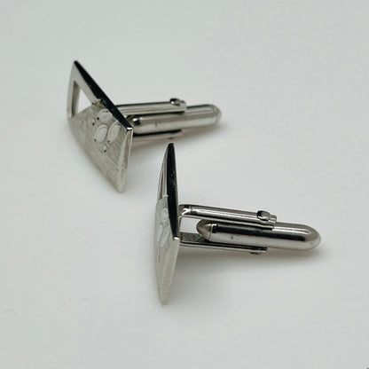 Silver-tone rectangular Swank cufflinks with Art Deco leaf and dot motif, mid-century vintage