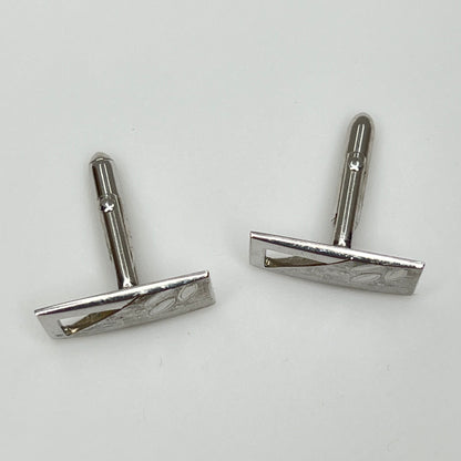 Silver-tone rectangular Swank cufflinks with Art Deco leaf and dot motif, mid-century vintage