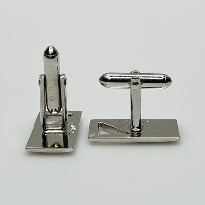 Silver-tone rectangular Swank cufflinks with Art Deco leaf and dot motif, mid-century vintage