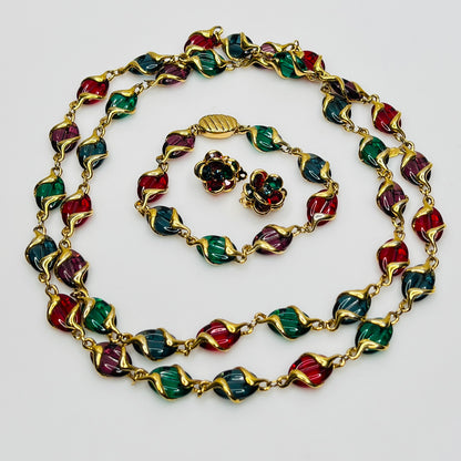 Full view of Swarovski vintage jewelry set in colorful gold-tone finish
