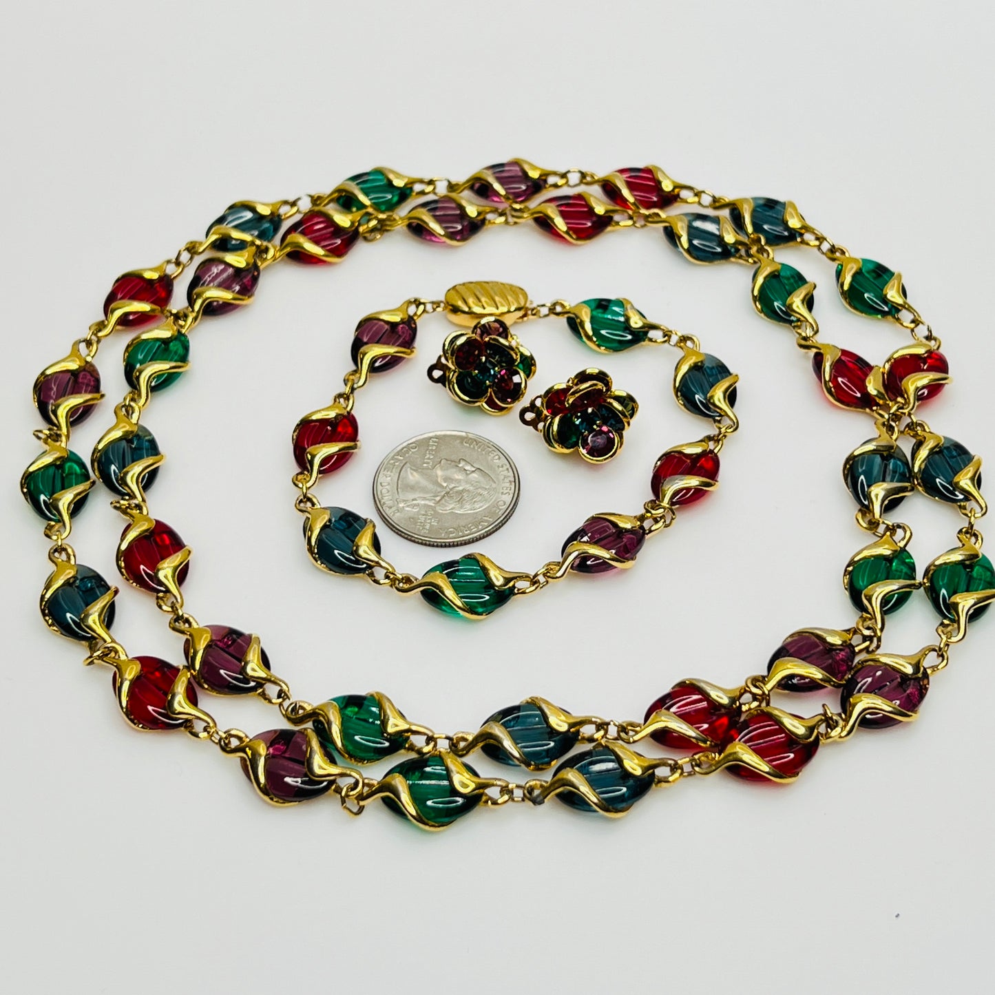 Full view of Swarovski vintage jewelry set in colorful gold-tone finish