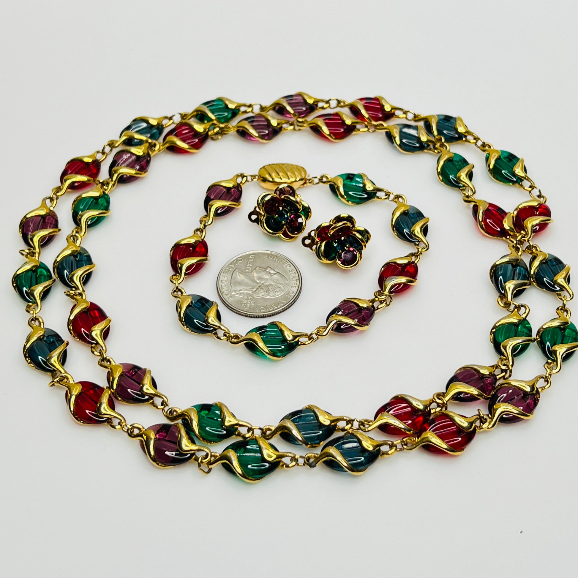 Full view of Swarovski vintage jewelry set in colorful gold-tone finish