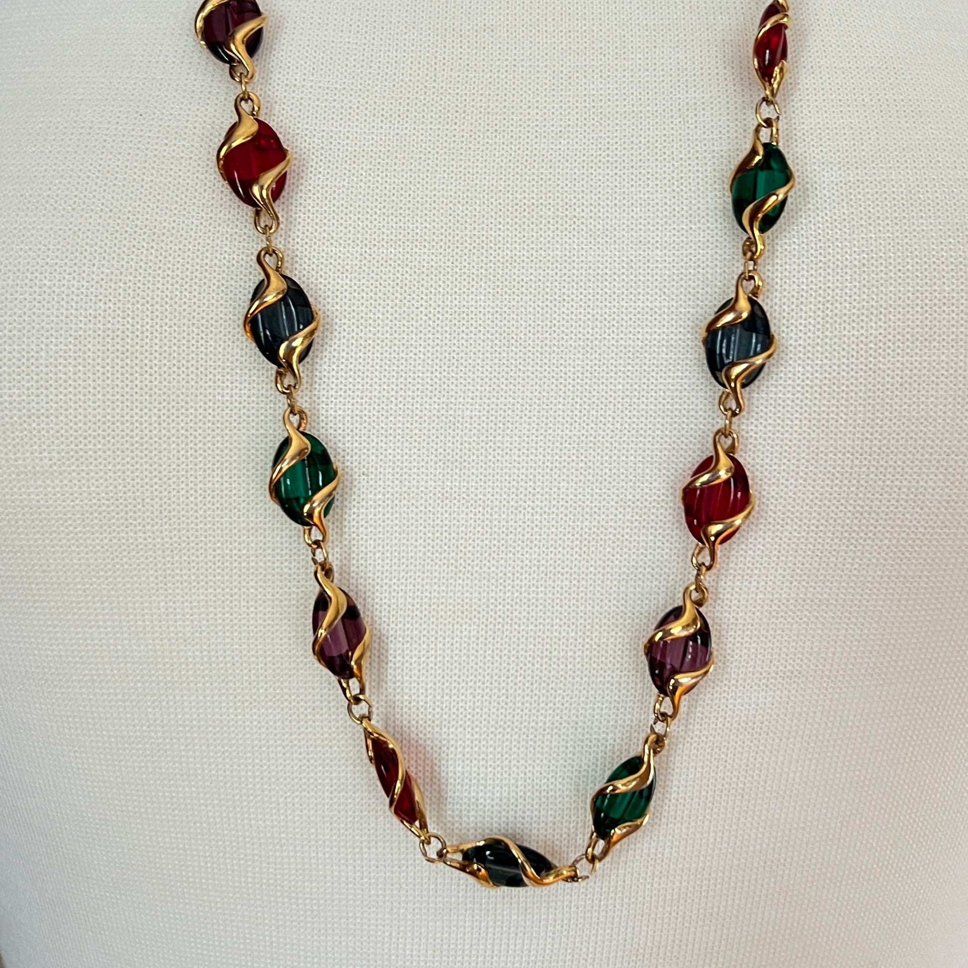 Vintage Swarovski multicolor crystal necklace with gold-plated ribbon links